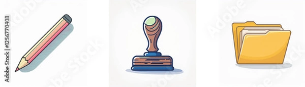Fototapeta Icons of pencil, stamp, and folder represent office stationery and document management for writing, marking, and organizing files.