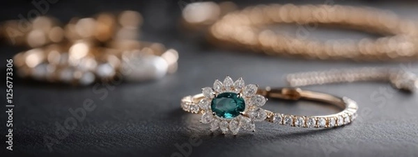 Obraz An exquisite arrangement of jewelry features a beautifully crafted emerald ring, surrounded by sparkling diamonds and elegant golden pieces, capturing a refined aesthetic