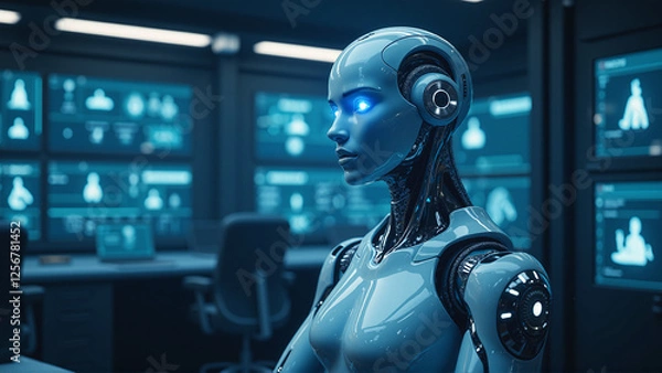 Obraz Advanced Humanoid Robot with Glowing Blue Eyes in High-Tech Lab