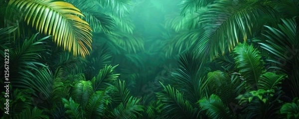 Obraz Glow forest concept. Lush green foliage creates a vibrant, serene atmosphere in a tropical landscape.