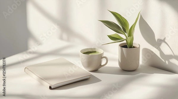 Fototapeta Peaceful workspace: a book, drink, and plant basking in warm sunlight on a bright desk. Serene and inviting