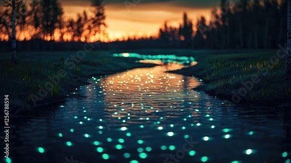 Fototapeta Glow forest idea. A serene river at sunset, illuminated by glowing reflections and surrounded by trees.