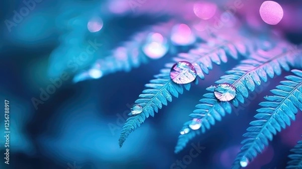 Fototapeta Glow forest concept. A close-up of vibrant fern leaves adorned with shimmering water droplets.