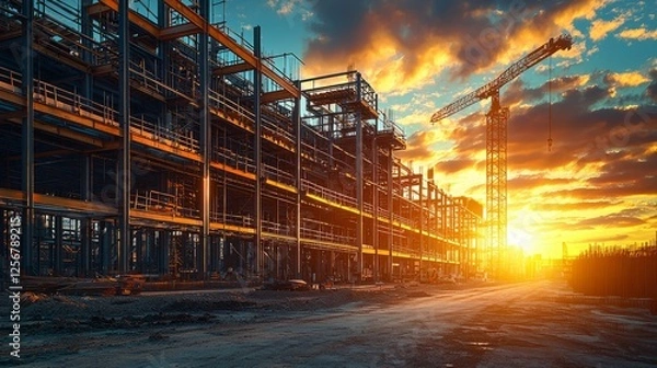 Obraz Sunset Over Construction Site with Cranes and Structures