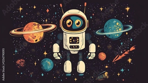 Fototapeta Cute robot in space with planets. Possible use Children's book illustration