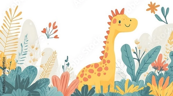 Fototapeta Cute cartoon giraffe in a whimsical jungle setting. Possible use children's book cover or nursery decor