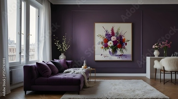 Fototapeta In a gorgeous, pricey apartment, a square purple painting with motifs of flowers in a vase hangs on a white wall. There is plenty of open space on the sides. White walls covered in snow A lavish, pric