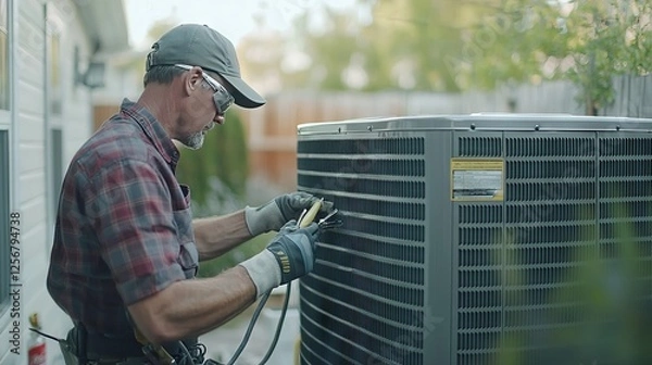 Obraz Technician Working on Air Conditioning Unit Outdoors