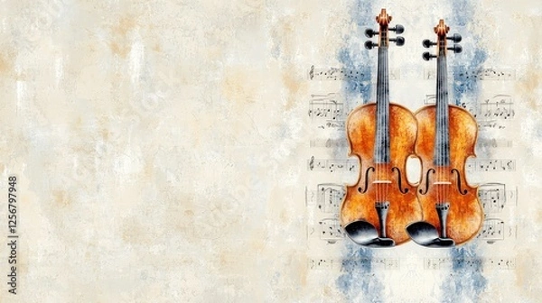 Obraz Two Elegant Violins with Vintage Sheet Music Background in Artistic Watercolor Design for Music Lovers and Musicians
