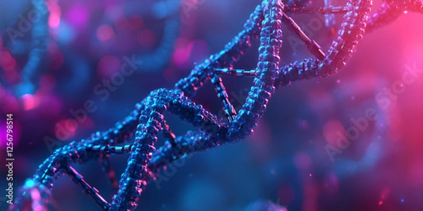 Obraz Close-up of illuminated DNA strands in blue and pink colors, Abstract genetic design
