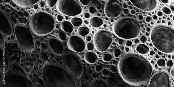 Obraz Close-up of abstract black and white porous material with organic pattern, Microstructure detail

