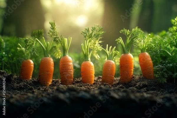 Fototapeta Freshly harvested small carrots growing in rich soil with sunlight
