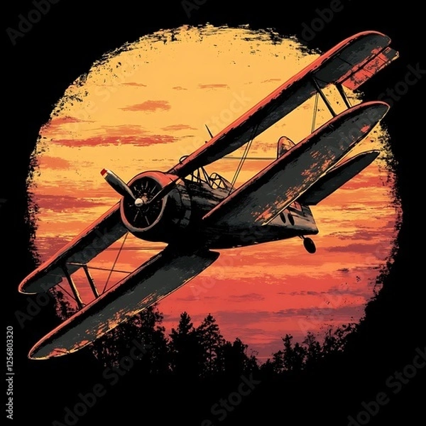 Obraz Vintage biplane flying at sunset over forest. Graphic design. Possible use T-shirt design