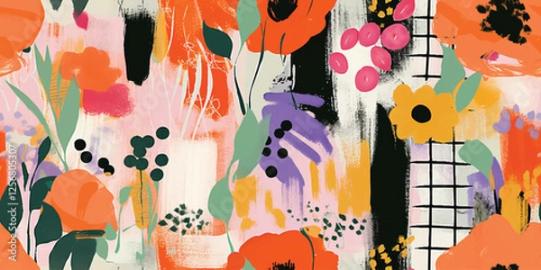 Fototapeta Abstract collage shape seamless vector pattern with colorful geometric doodles. Trendy flat cartoon background, retro shapes in bright childish colors.