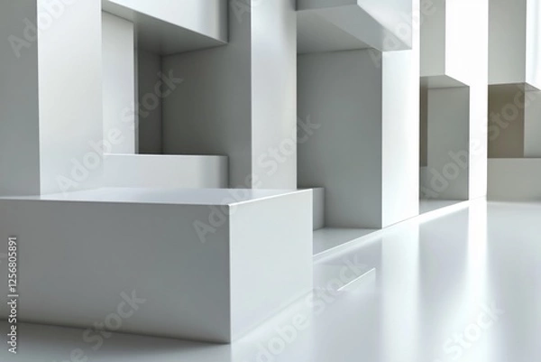 Fototapeta Abstract White Cubic Architecture with Dynamic Light and Shadow, Minimalist Interior Design, Geometric Arrangement with Bright Illumination