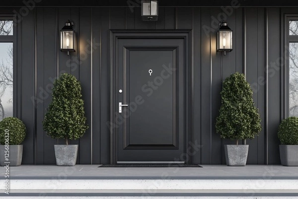 Obraz Elegant Modern House Facade with Black Door and Lanterns, Symmetrical Entrance, Minimalist Style, Sophisticated Building Exterior with Black Door and Decorative Lanterns, Contemporary Entryway