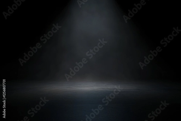 Fototapeta Dramatic Spotlight Illuminating Empty Stage in Dark Studio Space, Mysterious Beam of Light Lighting Empty Platform on Black Backdrop
