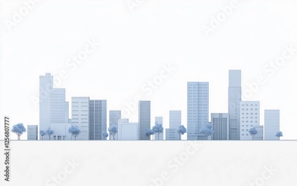 Obraz Serene Minimalist Cityscape with Trees: Architectural Design of Urban Buildings and Nature, Peaceful Urban Scene with Foliage: Tranquil Structure of City Buildings and Green Trees