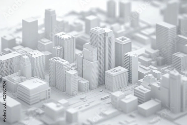 Obraz Minimalist White Miniature City Model: Urban Architectural Design, Ivory Tiny Town Mockup: Conceptual Metropolitan Area Design