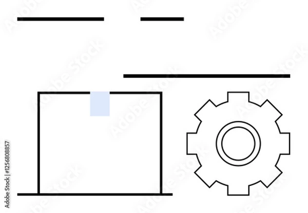 Fototapeta Gear beside a box with tape, surrounded by minimal lines symbolizing systems, workflow, automation, and efficiency. Ideal for logistics, supply chain, process, management engineering optimization
