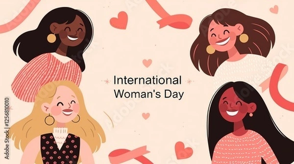 Obraz Diverse Group of Women Smiling at Camera on Light Pink Background Celebrating International Woman's Day with Ribbons and Heart-Shaped Patterns
