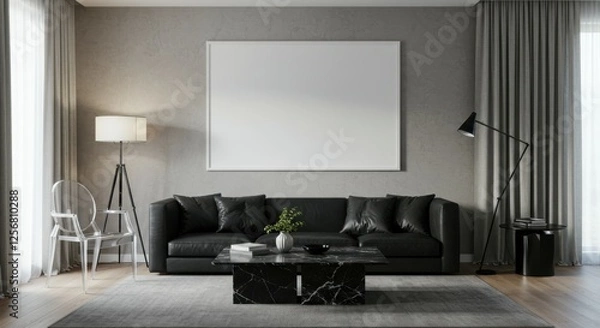 Fototapeta Modern living room, minimalist design, gray tones, large white canvas on wall, black leather sectional sofa, floor lamp, curtains, coffee table, hardwood flooring, neutral color palette, spacious inte