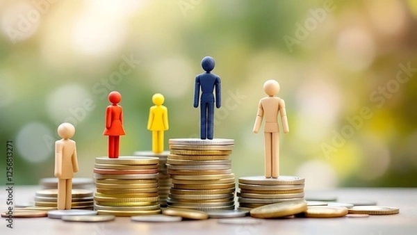 Obraz Wooden figures on stacked coins socioeconomic inequality