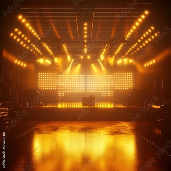 Obraz Empty stage, illuminated, concert hall, golden light show