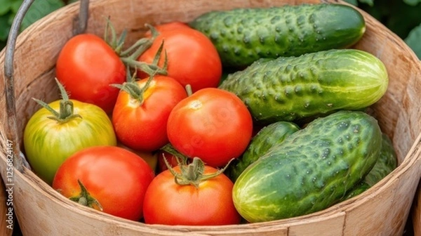 Fototapeta A wooden basket filled with ripe red tomatoes and fresh green cucumbers, showcasing a vibrant harvest of vegetables.