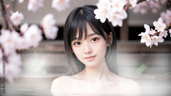 Obraz 桜の咲く温泉露天風呂に入浴中の若い女性