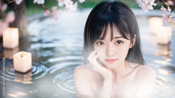 Obraz 桜の咲く温泉露天風呂に入浴中の若い女性