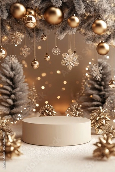 Fototapeta Empty podium surrounded by golden christmas ornaments for product presentation