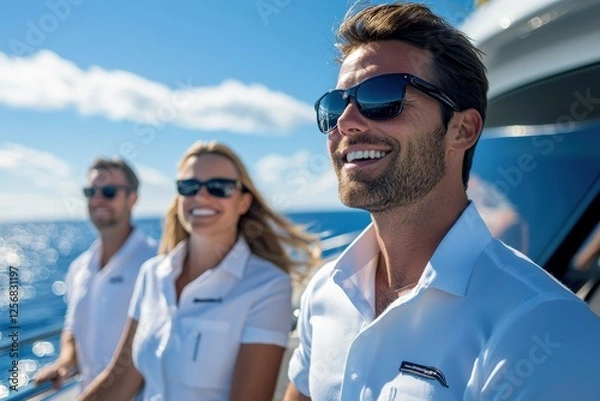 Fototapeta A crew assisting guests on a private yacht-style cruise, showcasing exclusivity and impeccable service