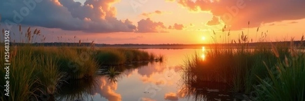 Fototapeta Marsh grasses swaying in the gentle breeze at sunset, natural colors, calm waters, grasses