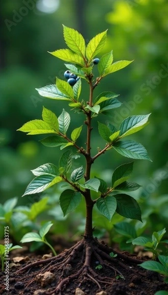 Fototapeta Mature northern highbush blueberry bush with visible roots and decaying leaves, shrub, leaves