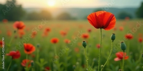 Fototapeta Mature opium poppy plant in a wet meadow landscape, mature, opium poppy, landscape