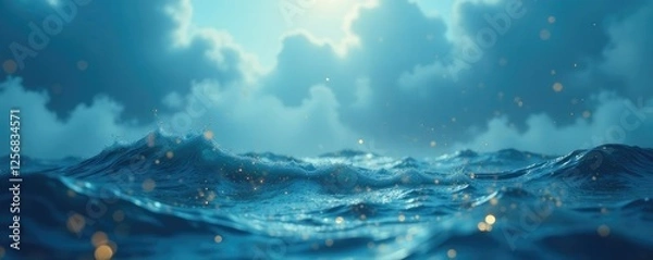Fototapeta Misty blue waters with gold particles suspended in cloudy texture background, water elements, serene atmosphere