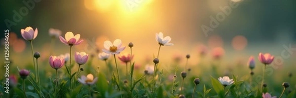 Fototapeta Misty dawn in a meadow with softly glowing flowers, calm, delicate
