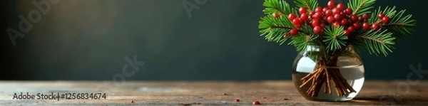 Fototapeta Pine branch arrangement with red berries in a glass vase on a table, pine branches, ornaments