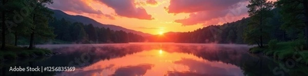 Fototapeta Reflections on a calm pond's surface at sunset, sun, forest, trees