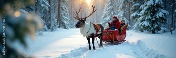 Fototapeta Reindeer pulling a decorated sled through snowy forest, snow, forest, sleigh