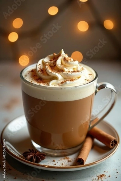 Fototapeta Rich brown latte with a generous dollop of whipped cream and sprinkles of cinnamon and anise in a festive cup, cream, festive, holiday