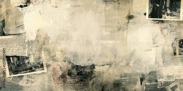 Fototapeta Collage of newspaper clippings and paint strokes creating textured background