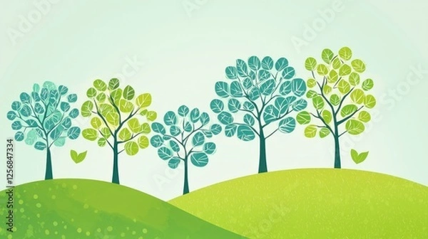 Fototapeta Serene Spring Landscape: Four stylized trees on rolling green hills under a pale sky, evoking a sense of tranquility and the beauty of nature.
