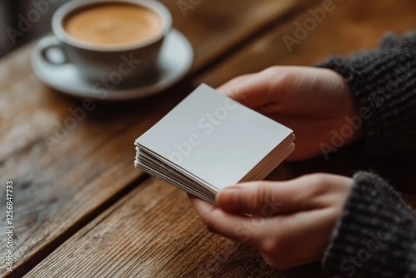 Fototapeta Blank Note Cards Mockup Hands Holding Stack on Wooden Table