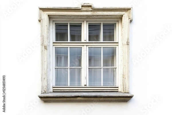 Fototapeta Old white window with weathered frame. Perfect for vintage, rustic, or historical designs.