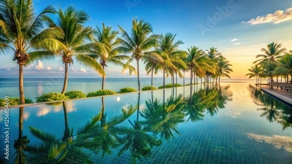 Fototapeta Palm tree-lined infinity pool at luxury resort surrounded by serene ocean views and lush greenery in HD quality, vacation spot , luxury