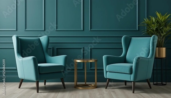 Fototapeta Teal Velvet Wingback Armchairs with Gold Accent Table in Elegant Green Room
