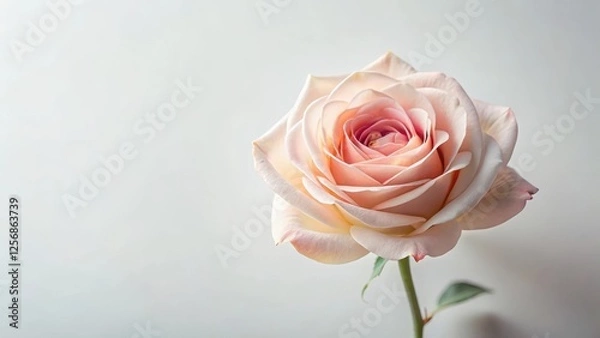 Fototapeta A solitary rose flower with velvety petals in soft pastel hues against a stark white background, floral arrangement, delicate bloom