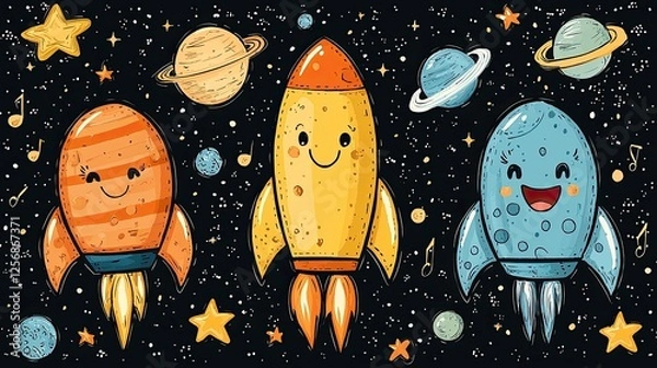 Fototapeta Colorful cartoon rockets exploring a whimsical space scene filled with planets and stars
